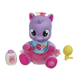 Size: 1900x1900 | Tagged: safe, baby, baby lily (g4), baby pony, baby powder, clothes, cute, dialilys, diaper, dress, electronic toy, female, filly, foal, g4, g4 logo, high res, horn, imported from derpibooru, irl, lily (g4), logo, my little pony logo, official, photo, pony, rattle, shirt, simple background, sitting, skirt, so soft, so soft tickle 'n gigglin' lily, toy, tutu, unicorn, white background, younger