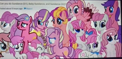 Size: 3452x1672 | Tagged: safe, artist:oumirot, series:oumirot series too many ponies, baby sundance, earth pony, female, filly, foal, g1, g1 to g4, g2, g2 to g4, g4, generation leap, horn, imported from derpibooru, mare, pegasus, photo, picture of a screen, pony, sundance, sundance (g2), unicorn