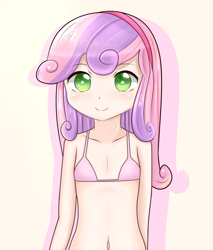 Size: 1024x1200 | Tagged: suggestive, artist:shouyu musume, sweetie belle, banned from derpibooru, belly button, bikini, bikini edit, breasts, clothes, cute, delicious flat chest, edit, female, green eyes, human, humanized, imported from twibooru, lolicon, looking at you, midriff, simple background, solo, swimsuit, swimsuit edit, underage, white background