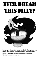Size: 1000x1500 | Tagged: safe, artist:unitxxvii, oc, oc:filly anon, black and white, dialogue, earth pony, ever dream this man, female, filly, foal, frown, grayscale, imported from derpibooru, looking at you, monochrome, oc only, pinpoint eyes, pony, simple background, solo, text, this man, white background