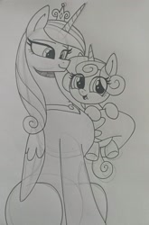 Size: 1058x1599 | Tagged: safe, artist:spartanmora, princess flurry heart, alicorn, baby, baby pony, doodle, duo, duo female, eye clipping through hair, female, filly, foal, g4, grayscale, holding a pony, imported from derpibooru, lidded eyes, looking at you, mare, monochrome, mother and child, mother and daughter, open mouth, open smile, pencil drawing, pony, princess cadance, sketch, smiling, smiling at you, traditional art