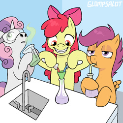 Size: 1080x1080 | Tagged: safe, artist:glompsalot, apple bloom, scootaloo, sweetie belle, applejack's hat, beaker, chemistry, cowboy hat, cutie mark crusaders, drink, drinking, drinking straw, earth pony, erlenmeyer flask, female, filly, flask, foal, funnel, g4, goggles, hat, horn, imported from derpibooru, indoors, pegasus, pony, safety goggles, science, sink, small wings, sniffing, test tube, this will end in tears and/or death and/or covered in tree sap, this will not end well, trio, unicorn, wings