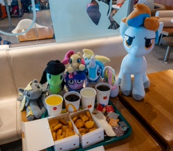 Size: 3500x3066 | Tagged: safe, fluttershy, twilight sparkle, oc, oc:filly anon, chicken meat, chicken nugget, derpy hooves, female, filly, foal, food, g4, imported from derpibooru, indoors, irl, kirin, mcdonald's, mcnuggets, meat, photo, plushie, skibidi toilet