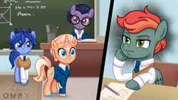 Size: 1920x1080 | Tagged: safe, artist:limedazzle, oc, oc:carson, oc:crowley, oc:james, clothes, colt, female, foal, goat, goat pony, horn, imported from derpibooru, indoors, male, mare, necktie, oc only, pegasus, pony, quadrupedal, shirt, sweater vest, unicorn