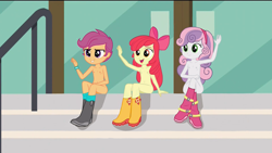 Size: 1920x1080 | Tagged: questionable, apple bloom, scootaloo, sweetie belle, banned from derpibooru, belly button, boots, breasts, casual nudity, clothes, cutie mark crusaders, delicious flat chest, edit, edited screencap, equestria girls, exhibitionism, female, females only, friendship games, imported from twibooru, lolicon, nude edit, nudity, screencap, shoes, shoes only, sitting, underage, waving