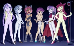 Size: 1582x1000 | Tagged: explicit, artist:uotapo, apple bloom, babs seed, diamond tiara, scootaloo, silver spoon, sweetie belle, banned from derpibooru, blood bag, blushing, cape, clothes, cutie mark crusaders, edit, embarrassed, equestria girls, fangs, female, glasses, gloves, halloween, high heels, holiday, imported from twibooru, lolicon, needs more jpeg, nude edit, nudity, scooter, shoes, underage, underwear, vampire, werewolf, wings