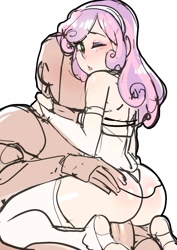 Size: 850x1203 | Tagged: explicit, artist:maniacpaint, sweetie belle, banned from derpibooru, blushing, clothed sex, clothes, cowgirl position, female, gloves, hug, human, humanized, imported from twibooru, lolicon, nudity, one eye closed, penetration, penis, sex, socks, stockings, thigh highs, underage, vaginal, wink