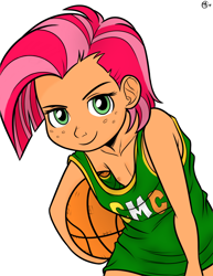 Size: 1011x1309 | Tagged: questionable, artist:megasweet, babs seed, banned from derpibooru, basketball, clothes, color edit, colored, edit, female, human, human coloration, humanized, imported from twibooru, lolicon, nipple slip, nipples, nudity, simple background, sports, tanktop, underage, wardrobe malfunction, white background