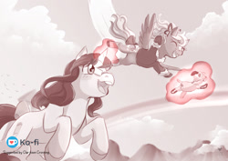 Size: 1280x906 | Tagged: safe, artist:foxhatart, oc, oc:autumn scribble, oc:cinnamon bun, female, filly, flying, foal, horn, imported from derpibooru, magic, mare, monochrome, oc only, outdoors, pegasus, pegasus oc, plushie, pony, quadrupedal, unicorn, unicorn oc