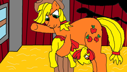 Size: 1152x648 | Tagged: safe, apple bloom, applejack, 1000 hours in ms paint, barn, barrel, discipline, duo, duo female, earth pony, female, filly, foal, g4, imported from derpibooru, indoors, mare, pony, punishment, siblings, sisters, spanking