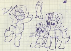 Size: 1583x1147 | Tagged: safe, artist:unitxxvii, oc, oc:dyx, oc:filly anon, oc:nyx, alicorn, bipedal, blanket, bully, bullying, dialogue, earth pony, female, filly, foal, graph paper, imported from derpibooru, levitation, lidded eyes, lying down, magic, monochrome, open mouth, pen drawing, pinpoint eyes, pony, prone, sketch, telekinesis, traditional art