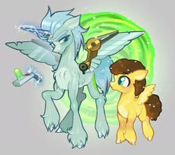 Size: 2253x2000 | Tagged: safe, artist:softwarepony, 2026, age difference, amputee, artificial wings, augmented, colt, digital art, duo, duo male, earth pony, fake alicorn, fake horn, fake wings, foal, freckles, grandfather and grandchild, grandfather and grandson, imported from derpibooru, male, morty smith, pegasus, portal, prosthetic horn, prosthetic limb, prosthetic wing, prosthetics, raised hoof, rick and morty, rick sanchez, scar, stallion, technology, unibrow, unshorn fetlocks, watermark, wings
