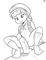 Size: 2975x3850 | Tagged: explicit, artist:megasweet, age difference, ascot, banned from derpibooru, clothes, female, grayscale, human, humanized, imported from twibooru, lineart, lolicon, male, monochrome, partial nudity, pubic hair, socks, straight, tag-a-long, underage, vest