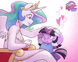 Size: 2560x2048 | Tagged: safe, artist:xconito, princess celestia, twilight sparkle, :t, alicorn, alternate universe, anthro, behaving like a dog, bowtie, breasts, chubby cheeks, cleavage, clothes, cute, dress, duo, emanata, female, filly, filly twilight sparkle, floating heart, foal, g4, gem, gradient background, head pat, heart, horn, horn ring, imported from derpibooru, jewelry, looking at each other, looking at someone, looking up, magic suppression, momlestia, my little sombra: resistance is magic, pat, regalia, ring, sitting, skirt, smiling, smiling at someone, sweat, tail, tail wag, throne, unicorn, unicorn twilight, younger