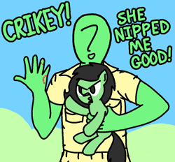 Size: 952x885 | Tagged: safe, artist:purblehoers, oc, oc:anon, oc:filly anon, angry, behaving like a cat, bite mark, biting, clothes, crikey, duo, earth pony, exclamation point, female, fierce, fight, filly, foal, hand, holding a pony, human, imported from derpibooru, pony, raised hoof, shirt, steve irwin, text