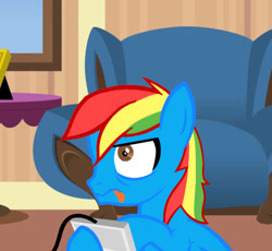 Size: 931x858 | Tagged: safe, artist:shieldwingarmorofgod, oc, oc:shield wing, alternate version, chair, colt, controller, foal, furniture, imported from derpibooru, indoors, male, pegasus, solo, table