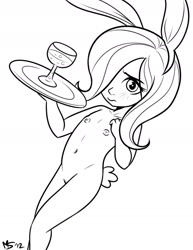 Size: 1108x1434 | Tagged: explicit, artist:megasweet, fluttershy, banned from derpibooru, belly button, black and white, bunny ears, female, grayscale, human, humanized, imported from twibooru, lineart, lolicon, monochrome, platter, signature, simple background, solo, underage, younger