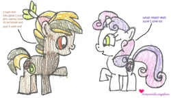 Size: 1184x675 | Tagged: safe, artist:amyandluigifan, button mash, sweetie belle, colt, dialogue, duo, duo male and female, earth pony, female, filly, foal, g4, horn, imported from derpibooru, looking at each other, looking at someone, male, raised hoof, simple background, smiling, smiling at each other, unicorn, white background