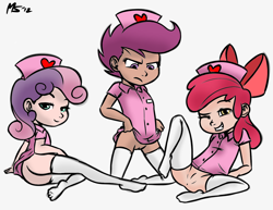Size: 1280x989 | Tagged: explicit, artist:megasweet, apple bloom, scootaloo, sweetie belle, ass, banned from derpibooru, bottomless, butt, clothes, color edit, colored, cutie mark crusaders, edit, female, human, human coloration, humanized, imported from twibooru, lesbian, lolicon, monochrome, nudity, nurse, nurse outfit, partial nudity, shirt, signature, simple background, sketch, socks, stockings, thigh highs, underage, vulva, white background