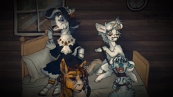 Size: 1920x1080 | Tagged: semi-grimdark, artist:north wind, artist:rasmary, oc, oc:barrel, oc:fish, oc:little stick, oc:φιλέτο, 2026, abuse, bed, bedroom, bust, clothes, collaboration, colt, creepy, dress, ear piercing, ears, elderly, fallout equestria, female, female oc, foal, foal abuse, group, halfbody, horn, hybrid, illustration, imported from derpibooru, indoors, jewelry, male, mare, oc only, piercing, pillow, pony, quadrupedal, quartet, rope, russian description, shadow, slave, stallion, suffocating, unicorn, window, zebra, zebroid, zony