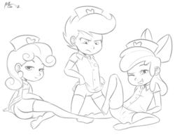 Size: 1280x989 | Tagged: explicit, artist:megasweet, apple bloom, scootaloo, sweetie belle, ass, banned from derpibooru, black and white, bottomless, butt, clothes, cutie mark crusaders, female, grayscale, human, humanized, imported from twibooru, lesbian, lolicon, monochrome, nudity, nurse, nurse outfit, partial nudity, scootabelle, shirt, sketch, socks, stockings, thigh highs, underage, vulva