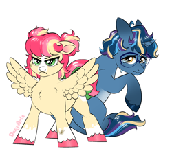 Size: 2000x1762 | Tagged: safe, artist:dozyarts, oc, oc:quantum ripple, oc:strawberry jamz, colt, crying, female, filly, foal, glasses, horn, imported from derpibooru, male, oc only, pegasus, pony, quadrupedal, simple background, unicorn, white background