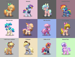 Size: 1584x1188 | Tagged: safe, artist:idadeerz, applejack, diamond tiara, rainbow dash, rarity, scootaloo, oc, oc:lemon blossom, oc:sweet sundae, 80s, 80s cheerilee, alternate hairstyle, alternate timeline, amputee, antagonist, apocalypse dash, applejack's hat, artificial wings, augmented, bow, bowtie, butch, cheerilee, clothes, collage, cowboy hat, cozy glow, crystal war timeline, derpy hooves, diamond tiara's tiara, digital art, disability, disability pride, dj pon-3, earth pony, female, filly, foal, food, food pony, g4, group, hair bow, hat, horn, ice cream, ice cream cone, ice cream pony, imported from derpibooru, interpretation, jacket, jewelry, mailmare, mailmare hat, mailmare uniform, mailpony, mailpony uniform, mare, monocle, pear butter, pegasus, pixel art, pony, pony town, prosthetic limb, prosthetic wing, prosthetics, punk, raripunk, scar, self harm, self harm scars, sunglasses, supervillain, tiara, unicorn, villain oc, vinyl scratch, vinyl's glasses, vinyl's headphones, wings, young cheerilee