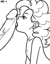 Size: 1041x1347 | Tagged: explicit, artist:megasweet, pinkie pie, banned from derpibooru, black and white, breasts, cum, delicious flat chest, female, grayscale, human, humanized, imported from twibooru, licking, licking cock, lineart, lolicon, male, monochrome, nudity, oral, penis, sex, signature, straight, tongue out, underage, younger