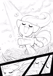 Size: 3496x4961 | Tagged: safe, artist:norisle, fluttershy, comic:letter, dancing, eyes closed, female, filly, flower, foal, g4, grass, grass field, happy, imported from derpibooru, lineart, memories, monochrome, pegasus, pony, smiling