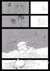 Size: 3496x4961 | Tagged: safe, artist:norisle, fluttershy, rainbow dash, comic:letter, dancing, female, filly, foal, g4, grass, grass field, happy, imported from derpibooru, lineart, memories, running, smiling