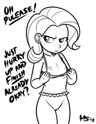 Size: 1041x1347 | Tagged: explicit, artist:megasweet, rarity, banned from derpibooru, blushing, bottomless, clothes, female, human, humanized, imported from twibooru, lineart, lolicon, monochrome, nipples, nudity, partial nudity, solo, underage, undressing, vulva, younger