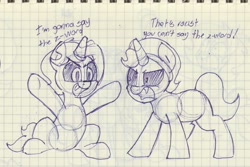 Size: 1721x1152 | Tagged: safe, artist:unitxxvii, oc, oc:dyx, oc:nyx, alicorn, dialogue, female, filly, foal, frown, furrowed brow, graph paper, imported from derpibooru, monochrome, oc only, open mouth, open smile, pen drawing, pony, siblings, sisters, sitting, sketch, smiling, traditional art, wingless, wingless alicorn, z word