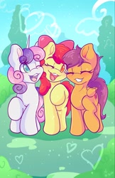 Size: 1326x2048 | Tagged: safe, artist:mscolorsplash, apple bloom, scootaloo, sweetie belle, adorabloom, cute, cutealoo, cutie mark crusaders, cutie mark cuties, diasweetes, earth pony, eyeshadow, female, filly, foal, g4, grin, happy, heart, horn, imported from derpibooru, makeup, one eye closed, open mouth, open smile, outdoors, pegasus, pony, raised hoof, smiling, trio, trio female, unicorn