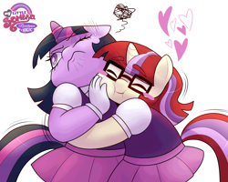 Size: 2560x2048 | Tagged: safe, artist:xconito, twilight sparkle, anthro, blush sticker, blushing, clothes, cute, dancerbetes, duo, duo female, eyebrows, eyebrows visible through hair, eyes closed, female, filly, filly moondancer, filly twilight sparkle, floating heart, floppy ears, foal, frown, g4, gloves, hape, heart, horn, horn sock, hug, imported from derpibooru, magic suppression, moondancer, my little sombra: resistance is magic, one eye closed, personal space invasion, simple background, skirt, smiling, squishy cheeks, sweat, sweatdrop, twiabetes, unicorn, vest, white background, white pupils, younger
