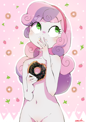 Size: 2480x3508 | Tagged: explicit, artist:nendo, sweetie belle, abstract background, banned from derpibooru, belly button, blushing, chocolate, cute, diasweetes, donut, eating, edit, equestria girls, female, food, imported from twibooru, lolicon, messy eating, nude edit, nudity, solo, solo female, source needed, strategically covered, underage, vulva, young