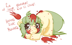 Size: 2061x1296 | Tagged: safe, artist:mushy, oc, oc:pea, belly, bully, bullying, chud, female, filly, foal, full of soup, imported from derpibooru, pony, round, tomatoes