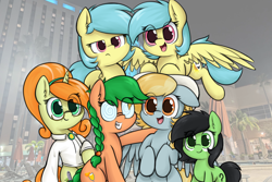 Size: 6000x4000 | Tagged: safe, artist:aaathebap, oc, oc:fair flyer, oc:filly anon, oc:fun raiser, oc:matinee, oc:morning mimosa, oc:soiree, braces, earth pony, female, filly, foal, group photo, horn, imported from derpibooru, mare fair, pegasus, unicorn