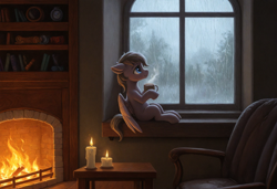 Size: 1824x1248 | Tagged: safe, oc, ai composition, ai content, armchair, blue eyes, book, bookshelf, candle, chair, colt, cozy, fire, fireplace, foal, generator:zoinksnoob, holding, imported from derpibooru, indoors, leaning back, looking out the window, male, mug, oc only, overcast, partially open wings, pegasus, pegasus oc, pony, prompter:tyto4tme4l, rain, sitting, smiling, solo, steam, table, window, windowsill, wings