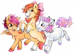 Size: 2048x1502 | Tagged: safe, artist:lutraviolet, apple bloom, scootaloo, sweetie belle, band-aid, band-aid on nose, bipedal, bipedal leaning, blushing, bow, chest fluff, cutie mark crusaders, ear fluff, earth pony, female, filly, foal, freckles, full body, g4, grin, hair bow, horn, imported from derpibooru, leaning, messy mane, multiple girls, one eye closed, pegasus, pink bow, pony, rearing, simple background, smiling, spread wings, stray strand, trio, trio female, unicorn, unshorn fetlocks, white background, wing fluff, wings, wink