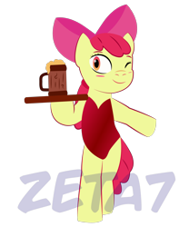 Size: 2629x3155 | Tagged: safe, artist:zeta7, apple bloom, artist name, bipedal, blushing, bow, cider, clothes, earth pony, female, filly, foal, full body, g4, hair bow, holding, imported from derpibooru, leotard, looking at you, mug, one eye closed, pink bow, pony, red leotard, simple background, smiling, transparent background, tray, watermark, wink