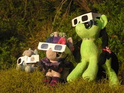 Size: 2288x1712 | Tagged: safe, artist:cleverscreenname, twilight sparkle, oc, oc:filly anon, 4de, alicorn, earth pony, eclipse glasses, female, filly, foal, g4, imported from derpibooru, irl, outdoors, photo, plushie, pony, shoeshine, sunglasses