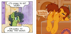 Size: 643x311 | Tagged: explicit, artist:hedgelordafterdark, artist:lost marbles, oc, oc:amber, oc:filly anon, bedroom eyes, bent over, blushing, butt blush, clitoris, curtains, derpibooru, dialogue, earth pony, female, filly, foal, g4, genitals, imported from derpibooru, indoors, juxtaposition, mare, meta, museum, nudity, oc only, orange coat, pegasus, pegasus oc, pony, raised tail, red eyes, red mane, show accurate, show accurate porn, speech bubble, stock image background, sultry pose, tail, traditional art, vulva, vulvar winking