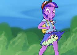 Size: 1414x1000 | Tagged: suggestive, artist:happy harvey, twilight sparkle, oc, oc:anonfilly, backpack, banned from derpibooru, climbing, clothes, crossover, drawn on phone, equestria girls, female, females only, forest, hat, human, imported from twibooru, lolicon, looking at you, panties, pokéball, pokémon, purple underwear, skirt, smiling, species swap, striped underwear, tree, underage, underwear, upskirt, weedle