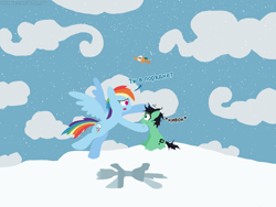 Size: 1600x1200 | Tagged: safe, rainbow dash, oc, oc:colt anon, anonymous artist, cloud, cloudy, colt, cyrillic, dialogue, duo focus, earth pony, edit, female, flying, foal, g4, head pat, hole, hoof under chin, imported from derpibooru, lineless, looking at each other, looking at someone, male, mare, messy mane, messy tail, no pupils, nodding, outdoors, pat, pegasus, pony, russian, sitting, smiling, snow, snowfall, stallion, tail, translation, translator:chiffry, trio, winter