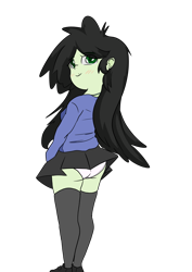 Size: 1000x1414 | Tagged: suggestive, artist:happy harvey, oc, oc:anonfilly, banned from derpibooru, blushing, clothes, drawn on phone, equestria girls, female, human, imported from twibooru, jewelry, lolicon, looking back, necklace, oc only, panties, simple background, skirt, smiling, socks, solo, solo female, thigh highs, transparent background, underage, underwear, upskirt, white underwear