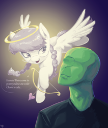 Size: 2735x3227 | Tagged: safe, artist:mareoinaddict, silver spoon, oc, oc:anon, angel, angel pony, arrow, arrow (weapon), black t-shirt, bow (weapon), braid, clothes, cupid, duo, female, filly, flying, foal, g4, glasses, gradient background, halo, heart arrow, hoof hold, human, human and pony, human male, imported from derpibooru, looking at each other, looking at someone, male, open mouth, open smile, original species, pegasus, pony, race swap, shirt, signature, smiling, t-shirt, twin braids, wings