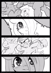 Size: 3496x4961 | Tagged: safe, artist:norisle, fluttershy, rainbow dash, comic:letter, boy bullies, female, fight, filly, foal, g4, imported from derpibooru, lesbian, lineart, ship:flutterdash, shipping