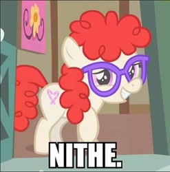 Size: 300x304 | Tagged: safe, anonymous editor, call of the cutie, caption, cropped, earth pony, edit, edited screencap, female, filly, foal, g4, glasses, image macro, impact font, imported from derpibooru, looking at you, mare, meme, my little pony: friendship is magic, nervous, nervous smile, nice, pony, quadrupedal, raised hoof, reaction image, screencap, season 1, smiling, smiling at you, solo, text, twist
