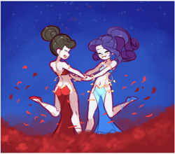 Size: 2310x2030 | Tagged: suggestive, artist:drantyno, rarity, alternate hairstyle, armlet, banned from derpibooru, belly dancer, belly dancer outfit, bracelet, clothes, costume, dancing, equestria girls, equestria girls-ified, female, flower petals, g4, harem outfit, holding hands, human, imported from twibooru, jewelry, loincloth, lolicon, midriff, necklace, ponytail, raven, underage