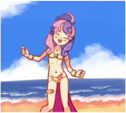 Size: 1980x1780 | Tagged: suggestive, artist:drantyno, sweetie belle, alternate hairstyle, armlet, banned from derpibooru, beach, belly button, belly dancer, belly dancer outfit, belly jewel, bikini, blushing, bracelet, clothes, female, harem outfit, human, humanized, imported from twibooru, jeweled navel, jewelry, leg bracelet, lolicon, midriff, necklace, ocean, solo, swimsuit, underage